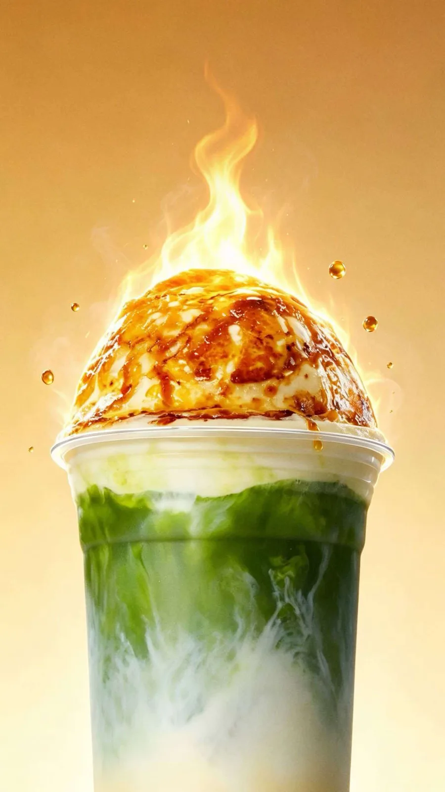 Flaming caramel brûlée matcha milk tea