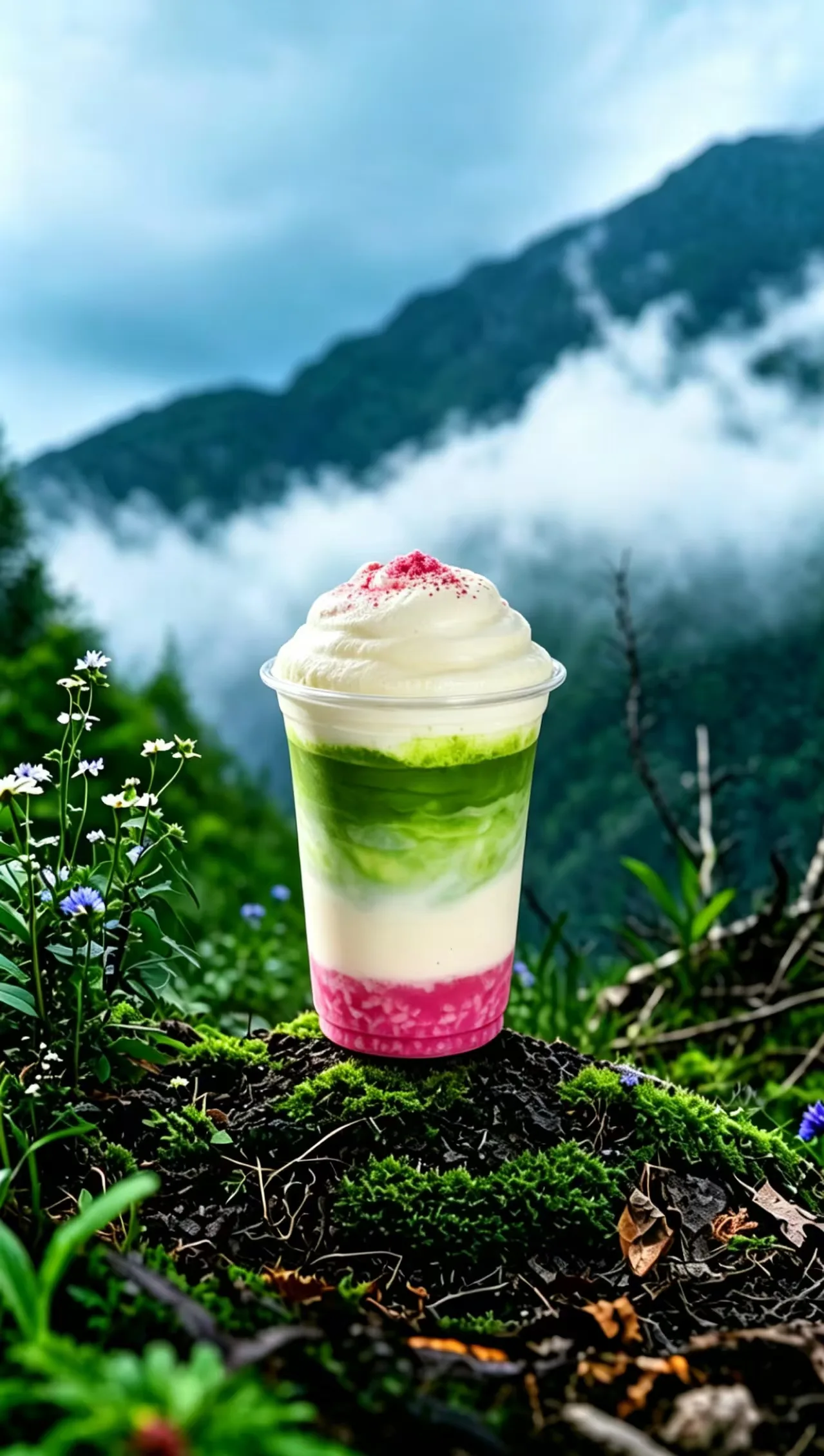Layered cream drink in a mountain scene