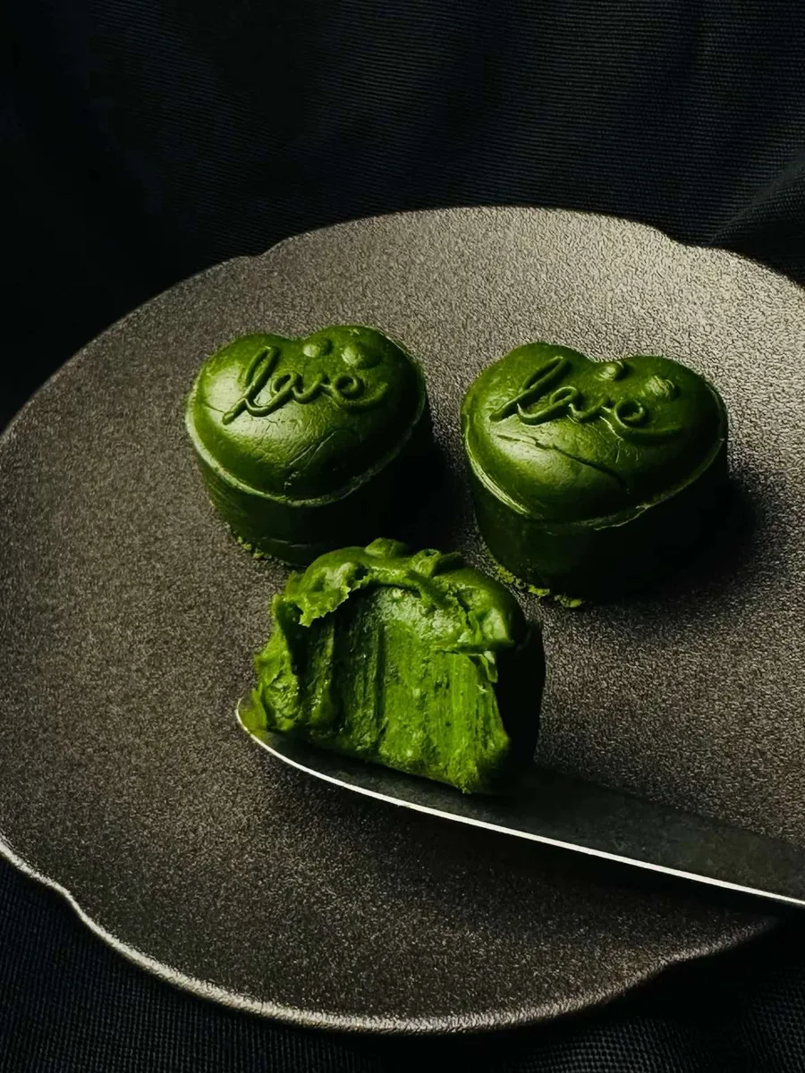 Matcha heart-shaped chocolates