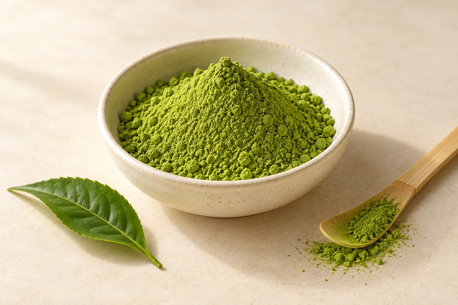 A bowl of pure matcha powder with a bamboo scoop and a fresh tea leaf