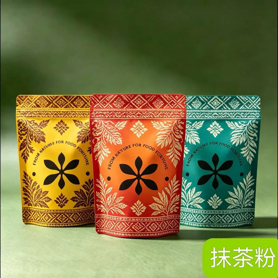 Ethnic-pattern pouches in three colors